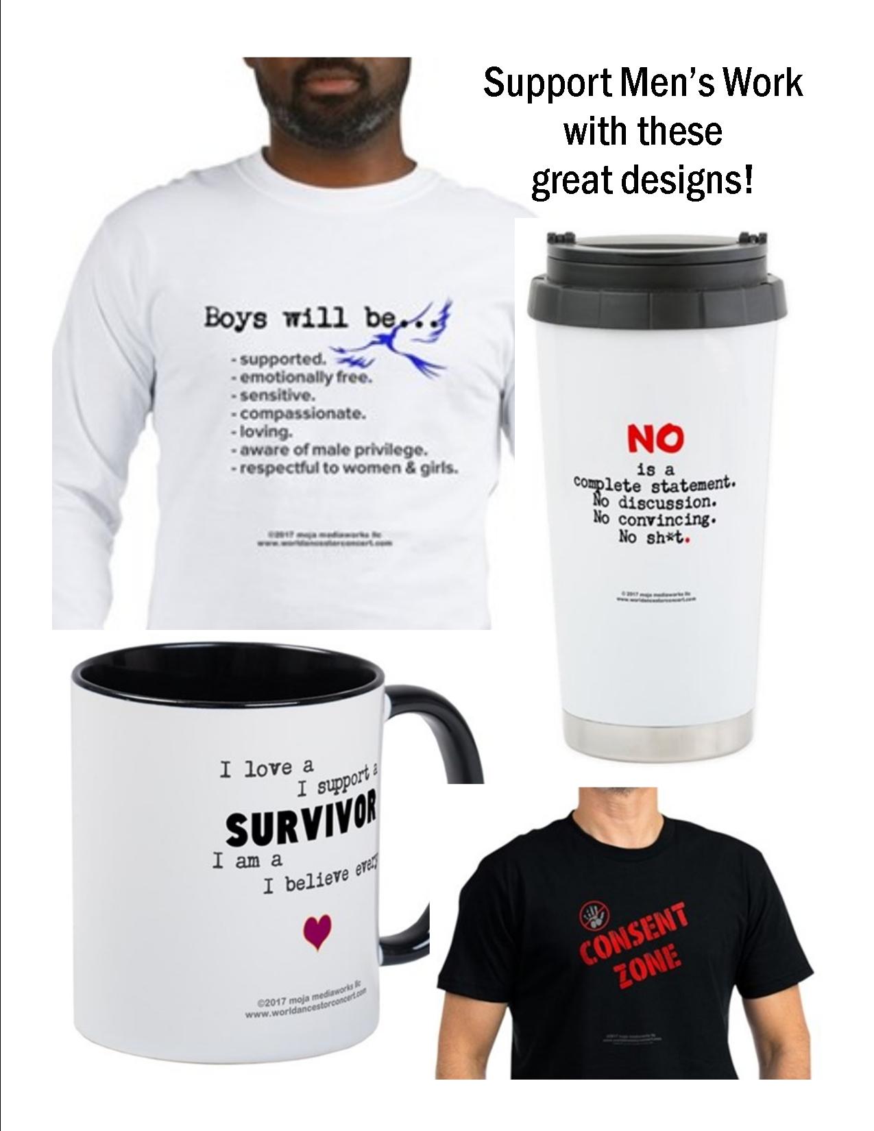 Composite image of 4 product design messages supportive of the Men's Work initiative