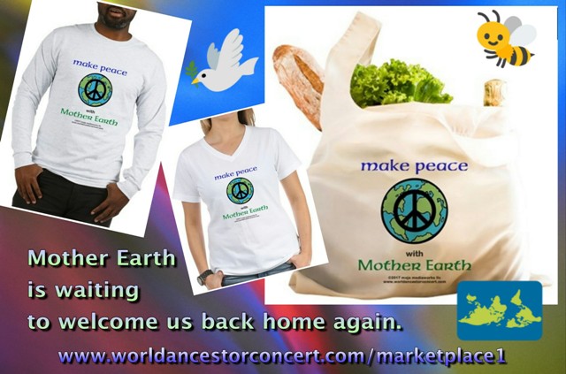 Composite image of 3 products with the "Make Peace with Mother Earth" product design message (men's long sleeve and women's short sleeve t-shirts and reusable fabric shopping bag) on multicolor background with a global map and bee graphic, promotional text reads: "Mother Earth is waiting to welcome us back home again." along with the Online Store web portal page link in gradated lavender at bottom of page