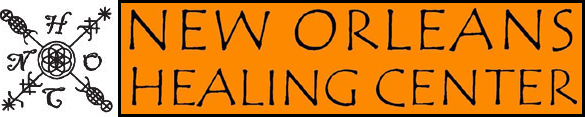 Banner logo for the New Orleans Healing Center, text on orange background with star-like logo image to left