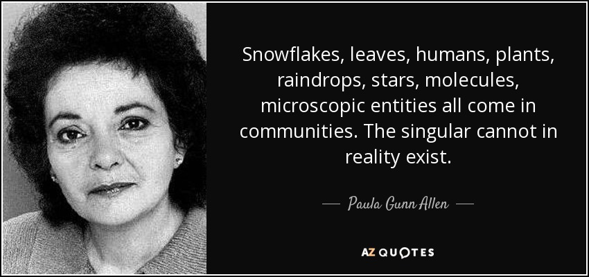 graphic text image of Paula Gunn Allen quote: Snowflakes, leaves, humans, plants, raindrops, stars, molecules, microscopic entities all come in communities. The singular cannot in reality exist., with close-up portrait of her to the left of text