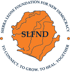 Logo for Sierra Leone Foundation for New Democracy, "SLFND" letters over orange map of Sierra Leone with organization name text in circle around map