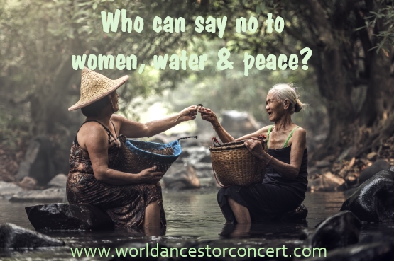 image of two Elder women sitting close to each other with their feet in a stream sharing their catch with each other in a lush green forest setting, text reads"Who can say no to women, water and peace?"
