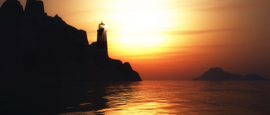 warm sunset graphic image of lighthouse on a rocky coast