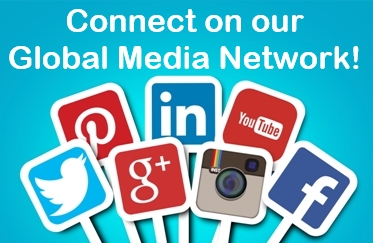 Graphic image of seven social media platform icon placards on white posts against a medium blue background, text reads, "Connect on our Global Media Network"