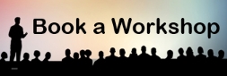 Button image linked to Book a Workshop Form, graphic of speaker and audience silhouette with multicolor gradated background and text reading "Book a Workshop)