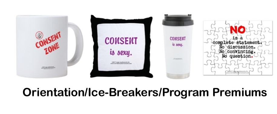 Composite image of 4 assorted Education design message products, a coffee mug, pillow, travel mug and a puzzle, with text: "Orientation/Ice-Breakers/Program Premiums"